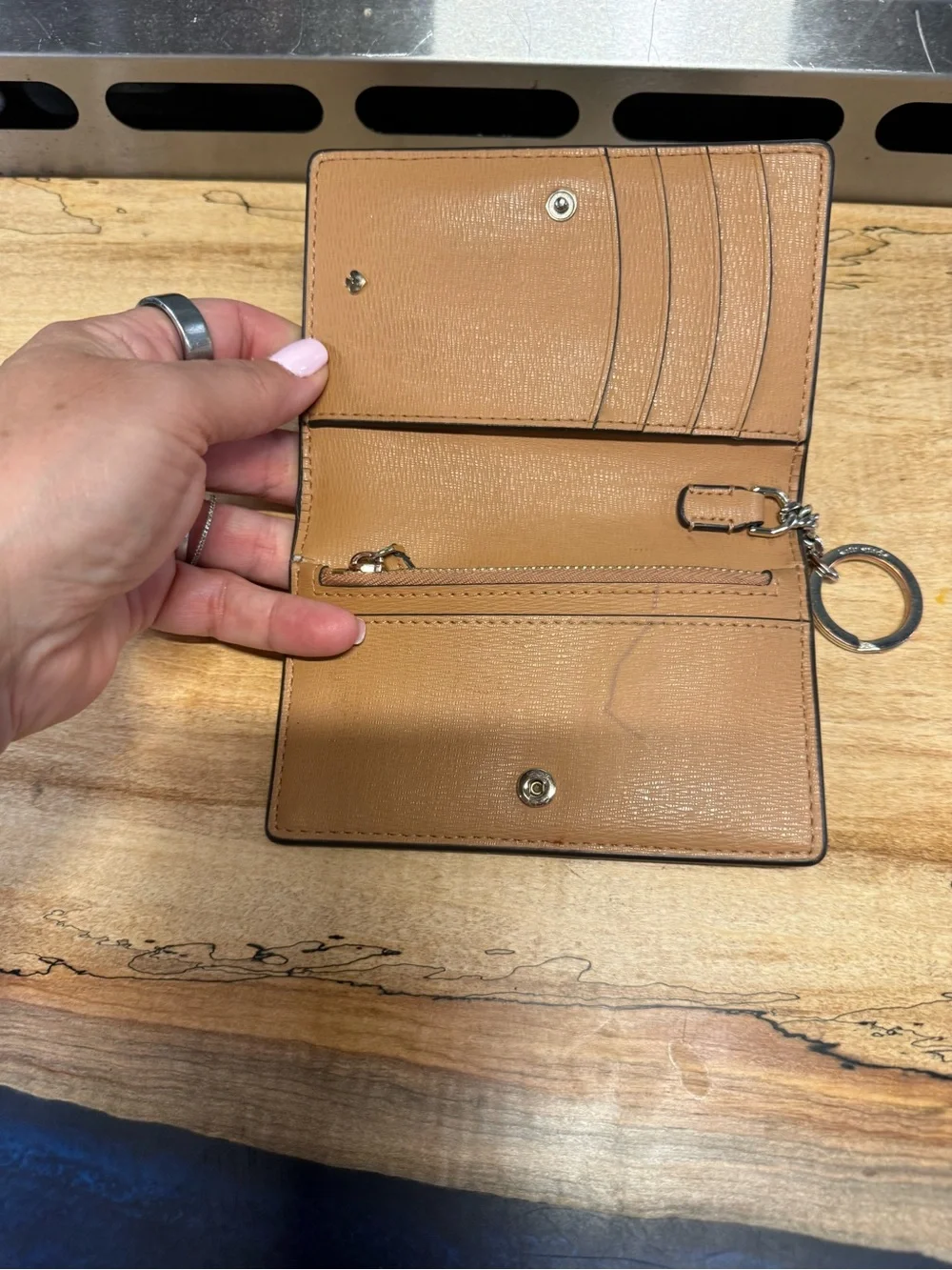 kate spade Tan Pebbled Leather Card & Key Holder with Silver Ring